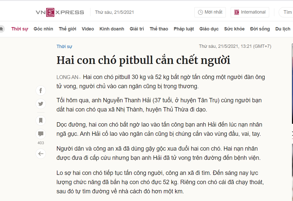 Người đàn ông bị một hay hai con chó pitbull cắn chết?