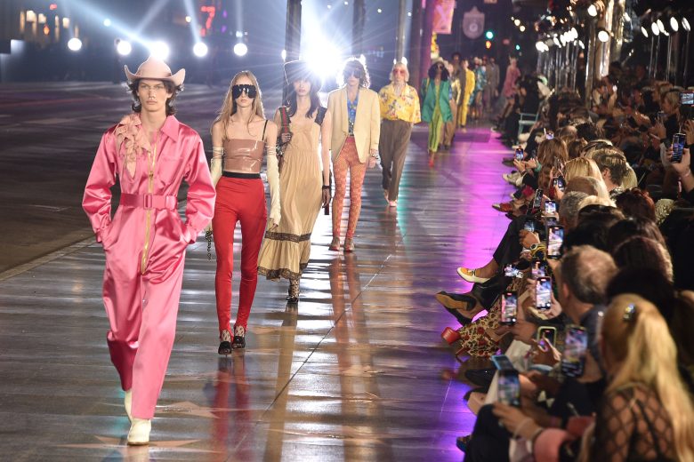 LOS ANGELES, CALIFORNIA - NOVEMBER 02: Models walk the runway during the Gucci Love Parade on November 02, 2021 in Los Angeles, California. (Photo by David Crotty/Patrick McMullan via Getty Images)