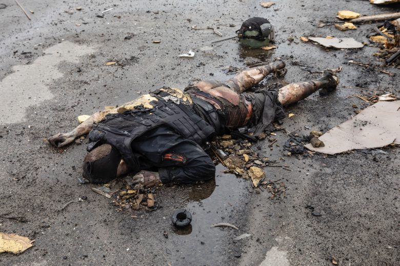 (EDITORS NOTE: Image depicts death) A dead civilian seen on